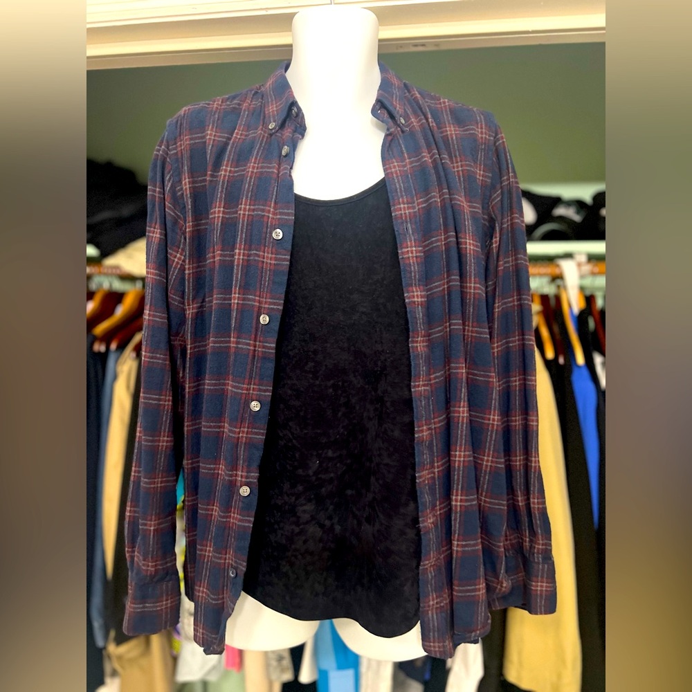 French connection plaid shirt navy base with burgundy plaid lines and grey lin